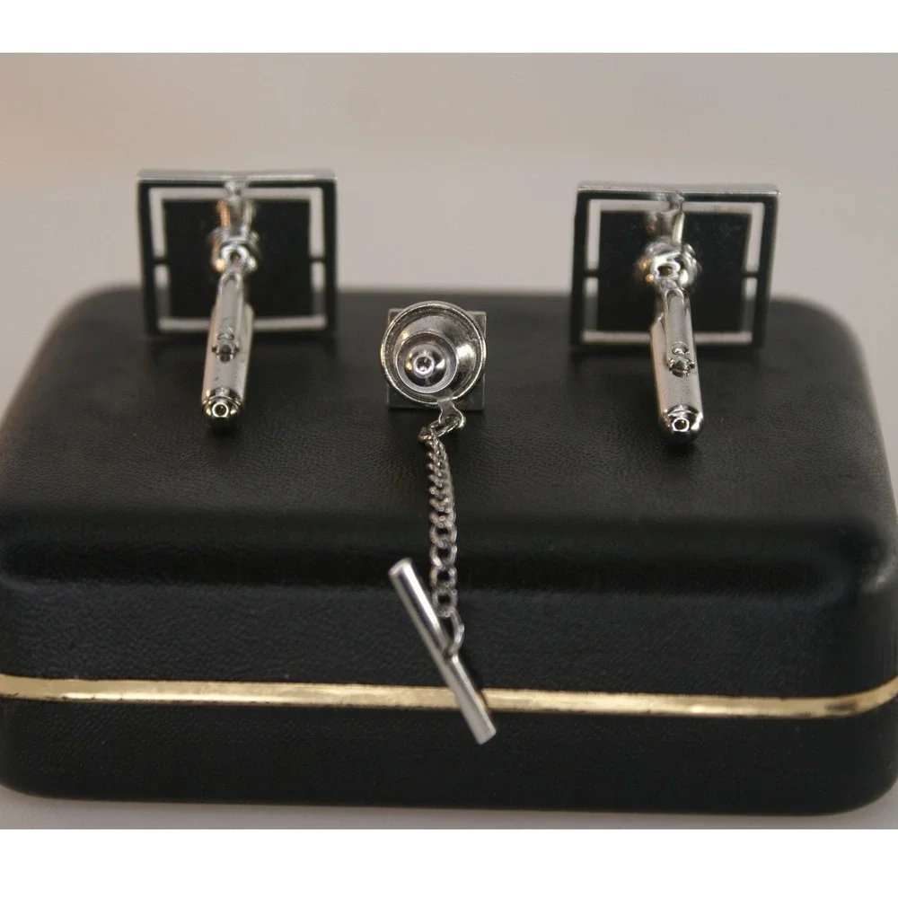 Vintage Sears Collectors Choice Mens Cufflinks & Tie Tac Silver Tone Black Stone